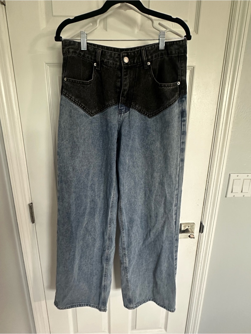 Endless Rose Black Yoke Two-Tone Blue Denim Straight Leg Jeans